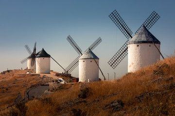 Windmills and castle of Consuegra, the famous giants from "El Quijote" novel.