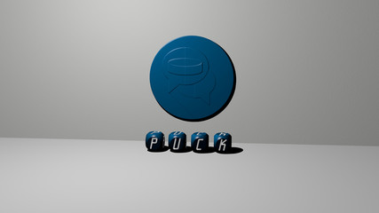 PUCK 3D icon on the wall and text of cubic alphabets on the floor - 3D illustration for hockey and ice