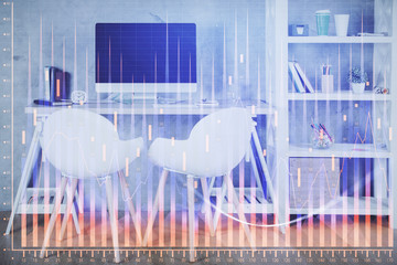 Multi exposure of stock market chart drawing and office interior background. Concept of financial analysis.