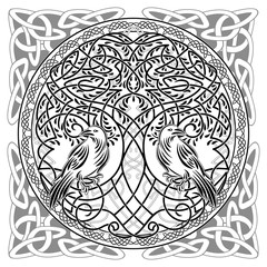 Celtic sacred symbols - Yggdrasil tree of life and totem birds raven Huginn and Muninn ravens of Odin