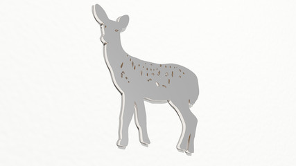 female deer on the wall. 3D illustration of metallic sculpture over a white background with mild texture for woman and beautiful