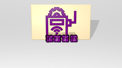 3D graphical image of fuel vertically along with text built by metallic cubic letters from the top perspective, excellent for the concept presentation and slideshows for illustration and energy