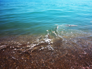 Authentic landscape of polluted sea water. Sewage drains into the river, the sea, the lake. Environmental pollution. Wastewater, ecological catastrophe