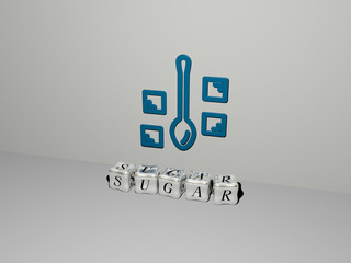 SUGAR 3D icon on the wall and cubic letters on the floor - 3D illustration for background and food
