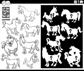 matching shapes game with horses coloring book page
