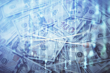 Double exposure of data theme drawing over us dollars bill background. Technology concept.