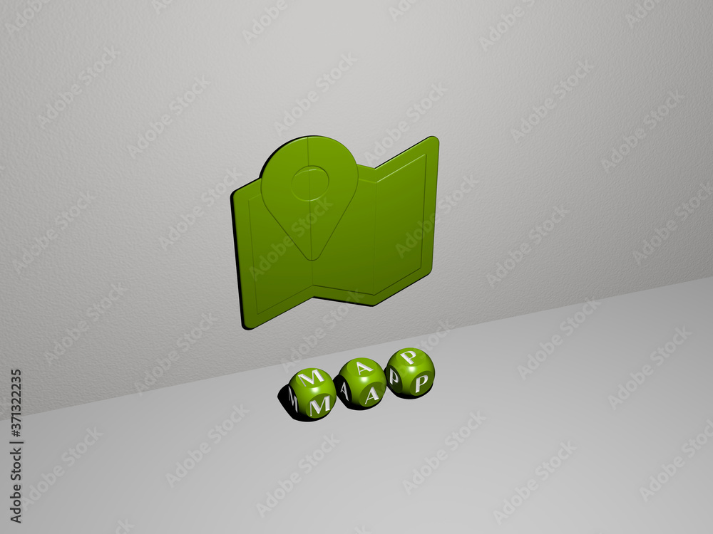 Poster map 3d icon on the wall and text of cubic alphabets on the floor - 3d illustration for background an