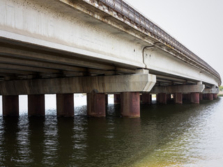 Modern bridge for the mass rapid transit near Odessa, Ukraine. Concrete structure in need of repair. Perspective view