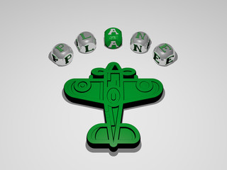 PLANE circular text of separate letters around the 3D icon - 3D illustration for airplane and aircraft