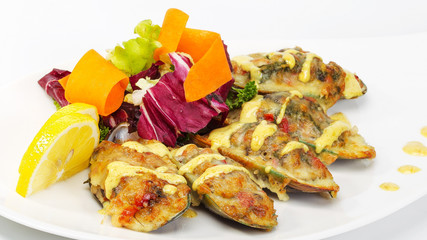Delicious gourmet food on the table. Gourmet cuisine in white dish. Creative restaurant concept.