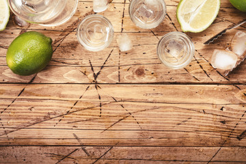 Vodka in shot glasses on wooden background, iced strong drink in misted glass. Top view