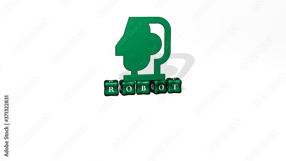Poster robot 3d icon object on text of cubic letters - 3d illustration for artificial and background