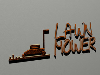 LAWN MOWER icon and text on the wall - 3D illustration for green and grass