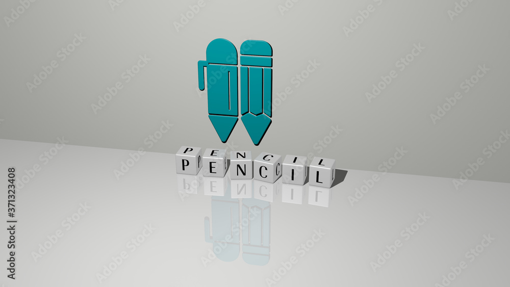 Poster pencil text of cubic dice letters on the floor and 3d icon on the wall - 3d illustration for backgro