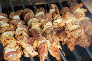 Grilled kebab cooking on metal skewer. Roasted meat cooked at barbecue.Traditional eastern dish, shish kebab. Grill on charcoal and flame, picnic, street food
