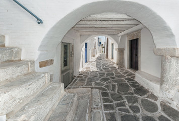 The tunnel street of Parikia city, Paros island of Cyclades, Greece