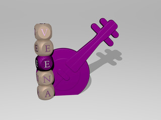 3D illustration of VEENA graphics and text around the icon made by metallic dice letters for the related meanings of the concept and presentations