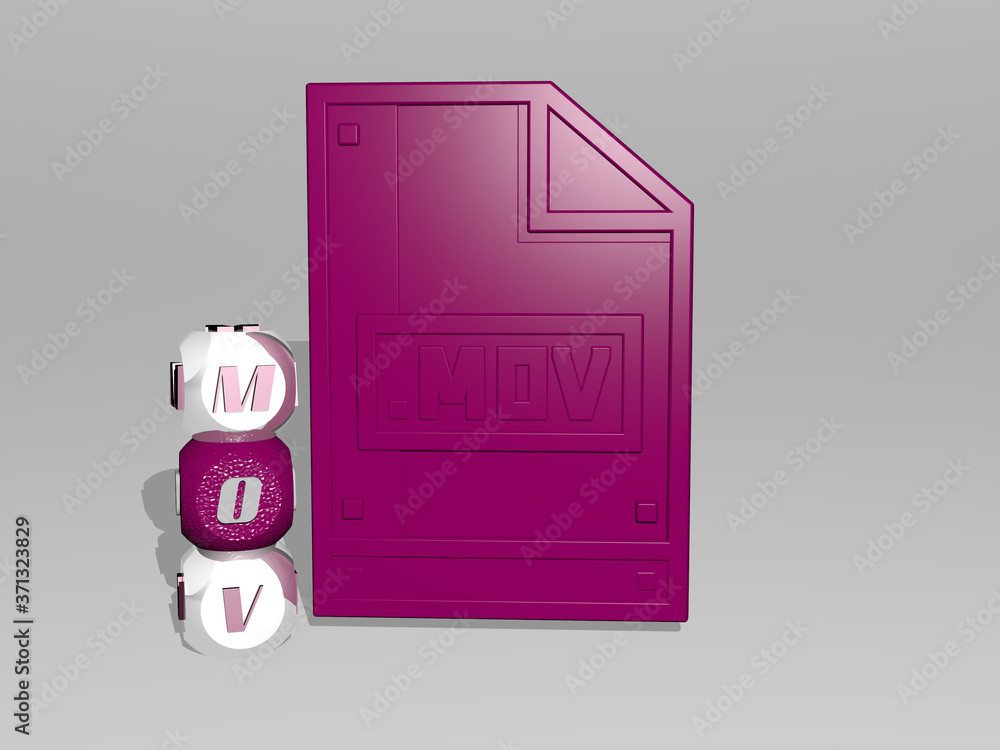 Poster 3d representation of mov with icon on the wall and text arranged by metallic cubic letters on a mirr