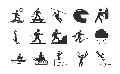 extreme sport active lifestyle surfing skate kayaking motocross silhouette icons set design