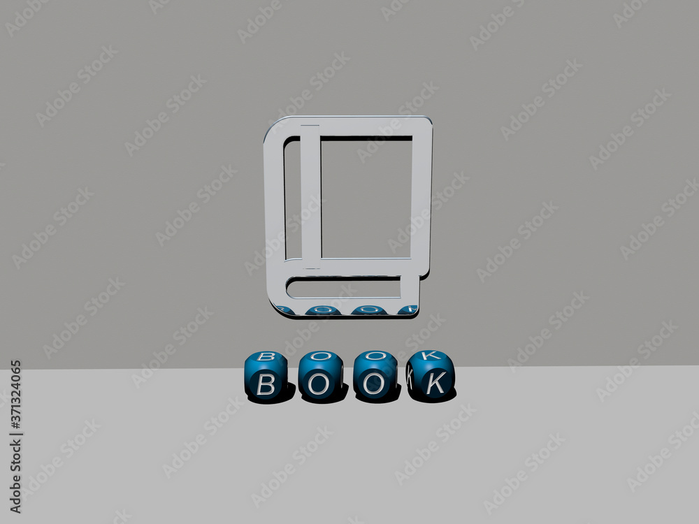 Poster 3d representation of book with icon on the wall and text arranged by metallic cubic letters on a mir