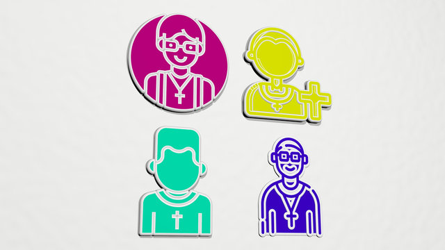 priest colorful set of icons - 3D illustration for church and catholic