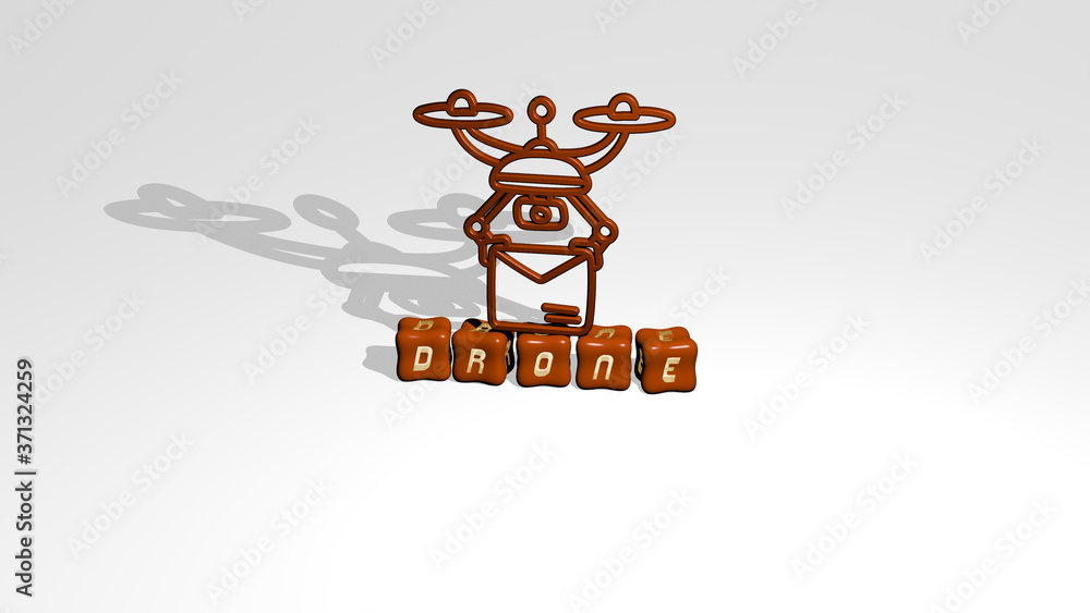 Poster drone 3d icon object on text of cubic letters - 3d illustration for aerial and view