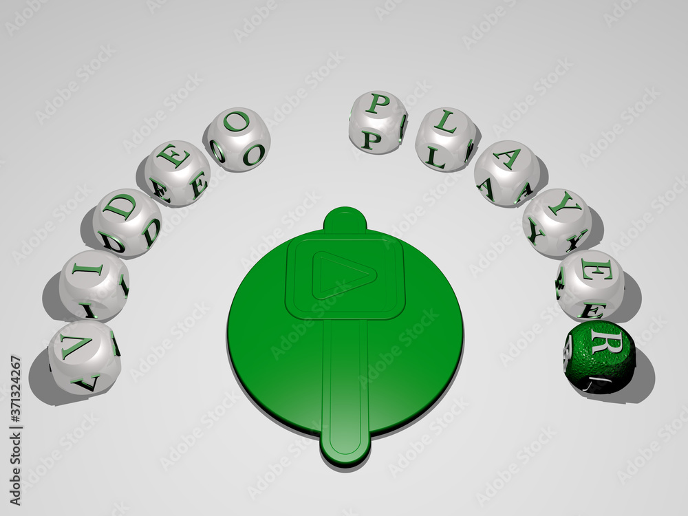 Poster video player 3d icon surrounded by the text of cubic letters - 3d illustration for background and ca