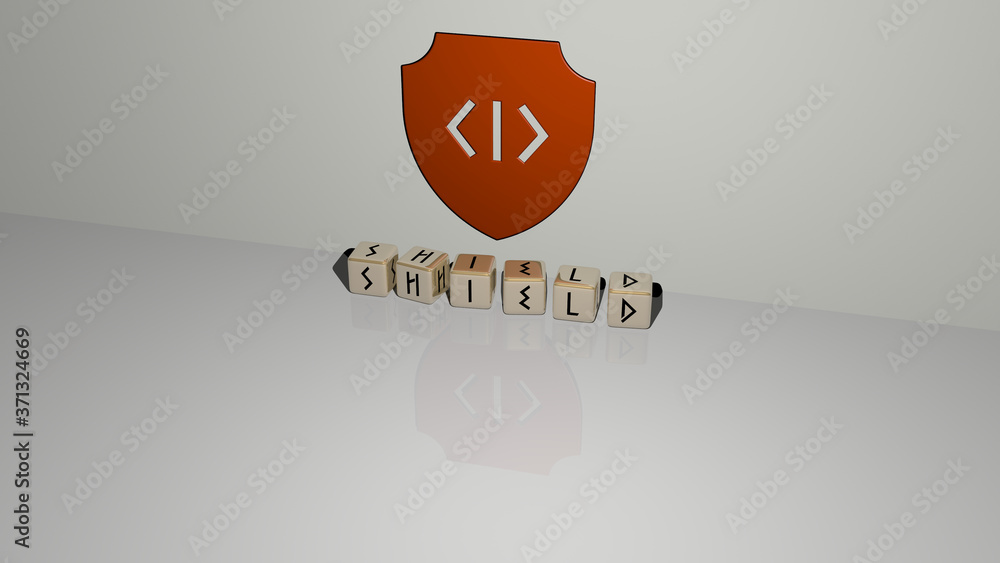 Poster shield text of cubic dice letters on the floor and 3d icon on the wall - 3d illustration for design 