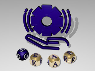 gear round text of cubic letters around 3D icon - 3D illustration for background and concept