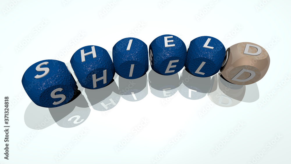 Poster crosswords of shield arranged by cubic letters on a mirror floor, concept meaning and presentation f