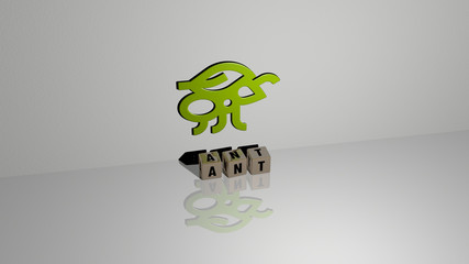 ANT text of cubic dice letters on the floor and 3D icon on the wall - 3D illustration for background and animal