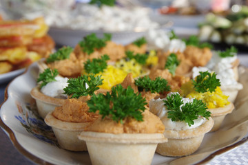 Delicious snack, appetizer on the festive table. Closeup