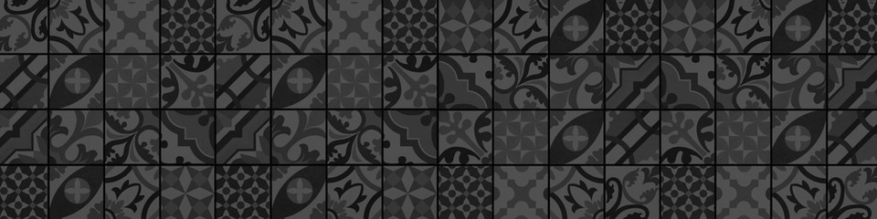 Dark black anthracite abstract vintage retro geometric square mosaic motif tiles texture background banner panorama
