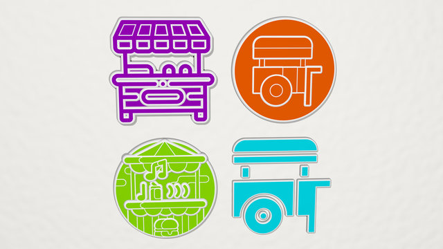 street food colorful set of icons - 3D illustration