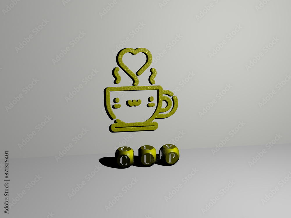 Poster 3d graphical image of cup vertically along with text built by metallic cubic letters from the top pe