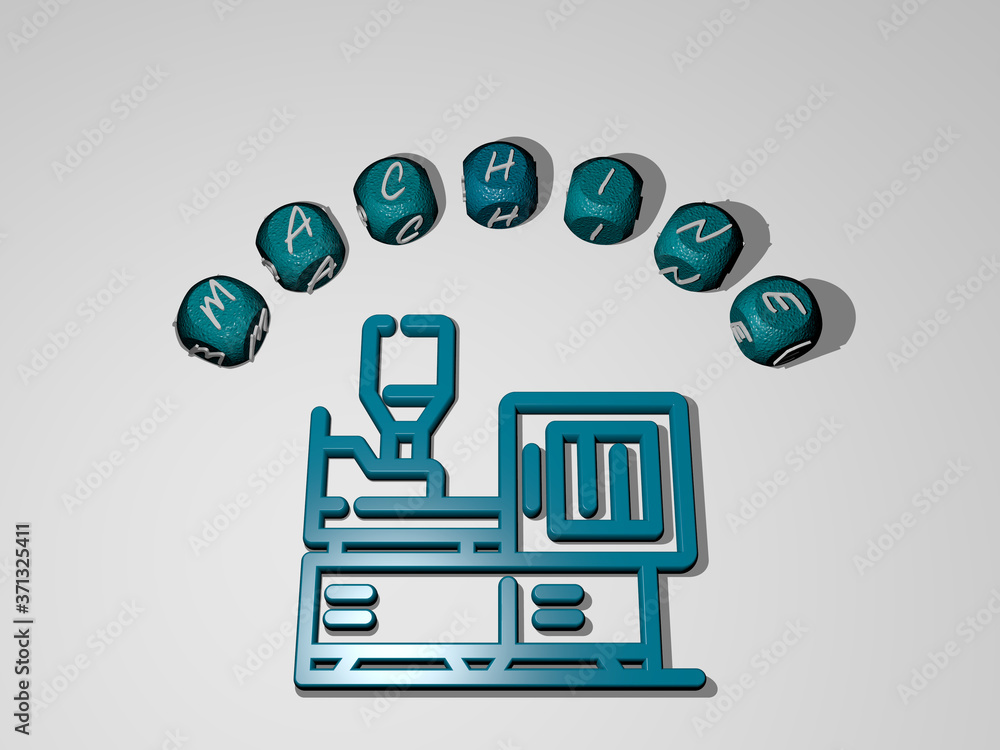 Poster machine icon surrounded by the text of individual letters - 3d illustration for background and equip