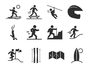 extreme sport active lifestyle skater runner climbing surf silhouette icons set design