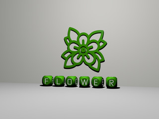 flower 3D icon on the wall and text of cubic alphabets on the floor - 3D illustration for background and beautiful
