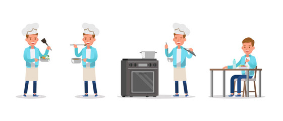 Fototapeta premium the boy is cooking and eating food character vector design.