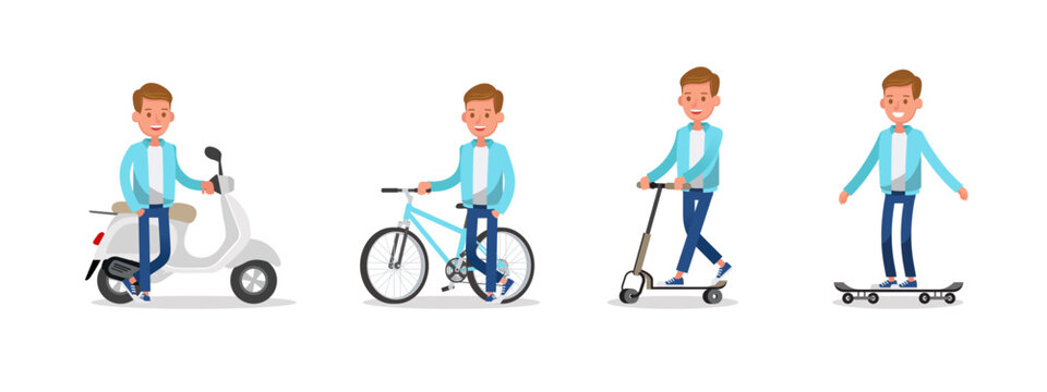 teen boy riding motorcycles, bicycles, skateboards and scooters character vector design.