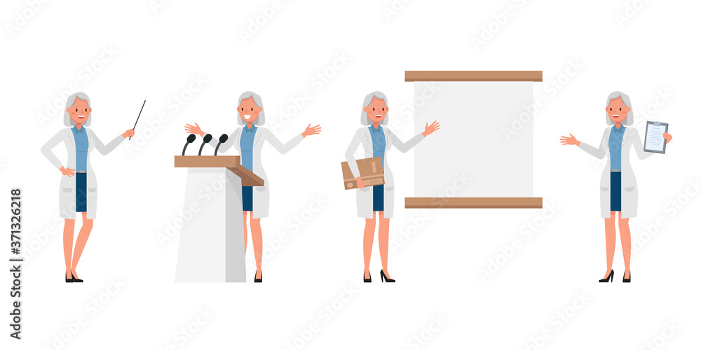 Poster woman scientist character vector design. presentation in various action.