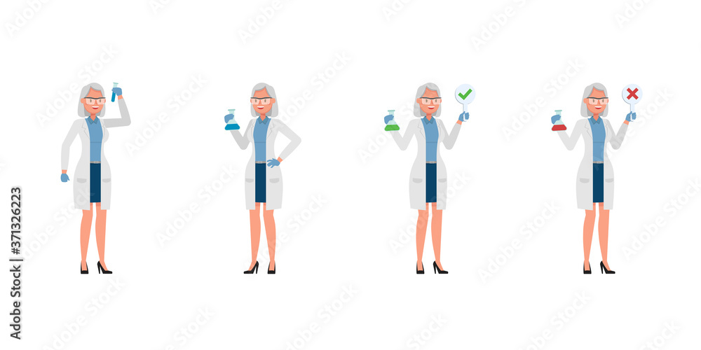 Poster woman scientist character vector design. presentation in various action.