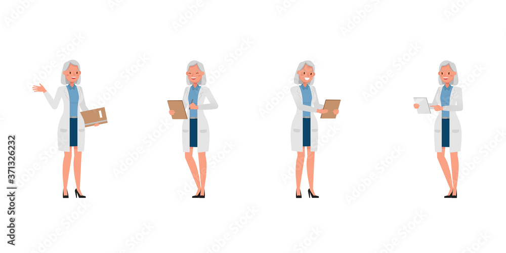 Poster woman scientist character vector design. presentation in various action.