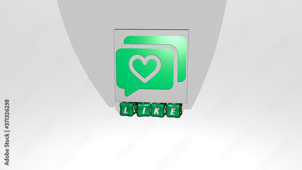 Poster 3d illustration of like graphics and text made by metallic dice letters for the related meanings of 