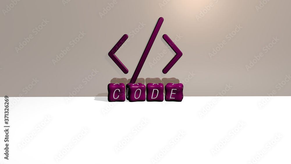 Poster 3d representation of code with icon on the wall and text arranged by metallic cubic letters on a mir
