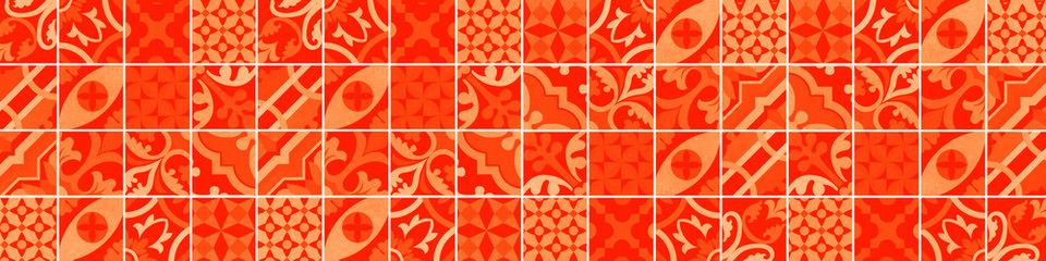 Orange red abstract vintage retro geometric square mosaic motif tiles texture background banner panorama
