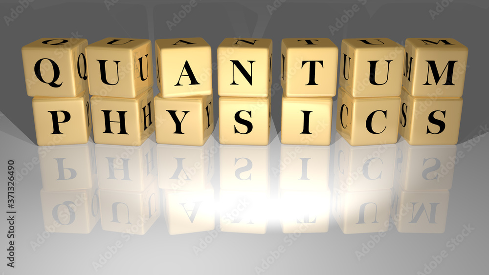 Poster quantum physics text of cubic dice letters on the floor and 3d icon on the wall - 3d illustration fo