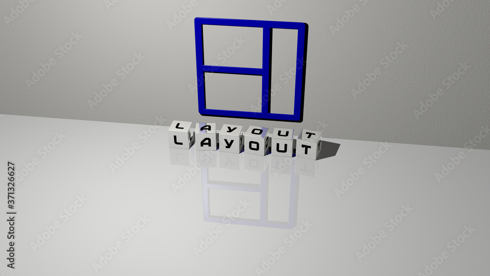 Poster layout text of cubic dice letters on the floor and 3d icon on the wall - 3d illustration for backgro