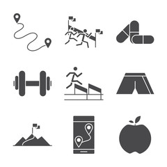 running sport race track flag finish apple barbell medicine line icons set design
