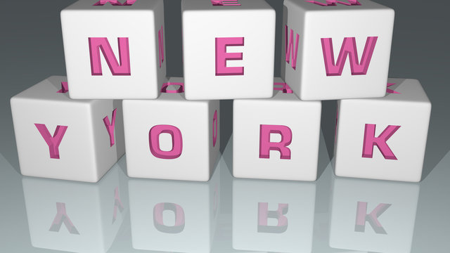 alphabetic NEW YORK arranged by cubic letters on a mirror floor, concept meaning and presentation in 3D perspective for background and illustration